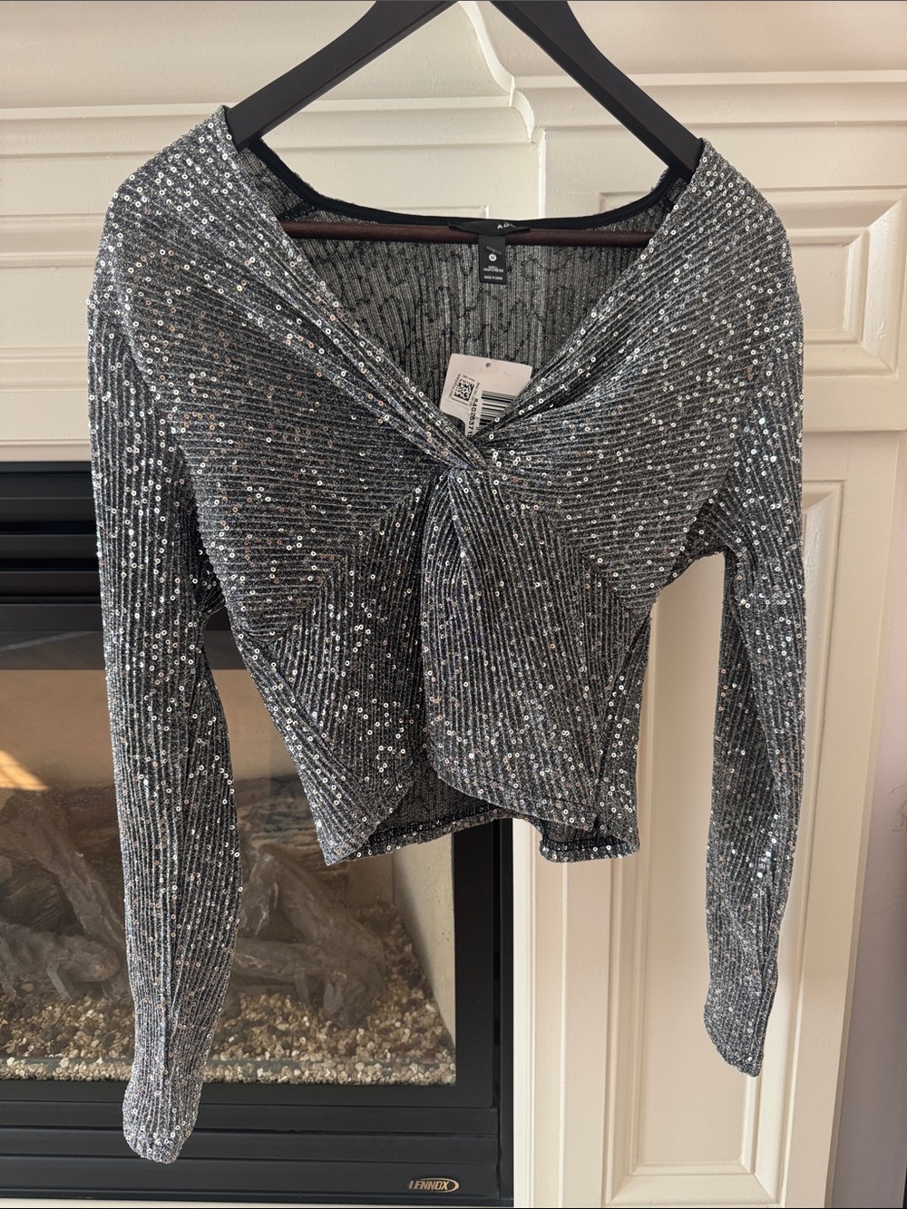 Aqua Silver Sequin Twist-Front Cropped Long Sleeve Top